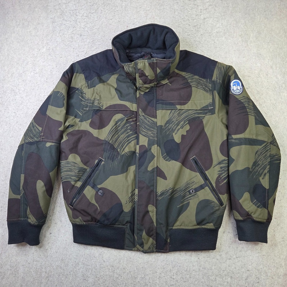 Land's End Goose Down Jacket Quilt Lined Mens L Green Camo Full Zip Insulated